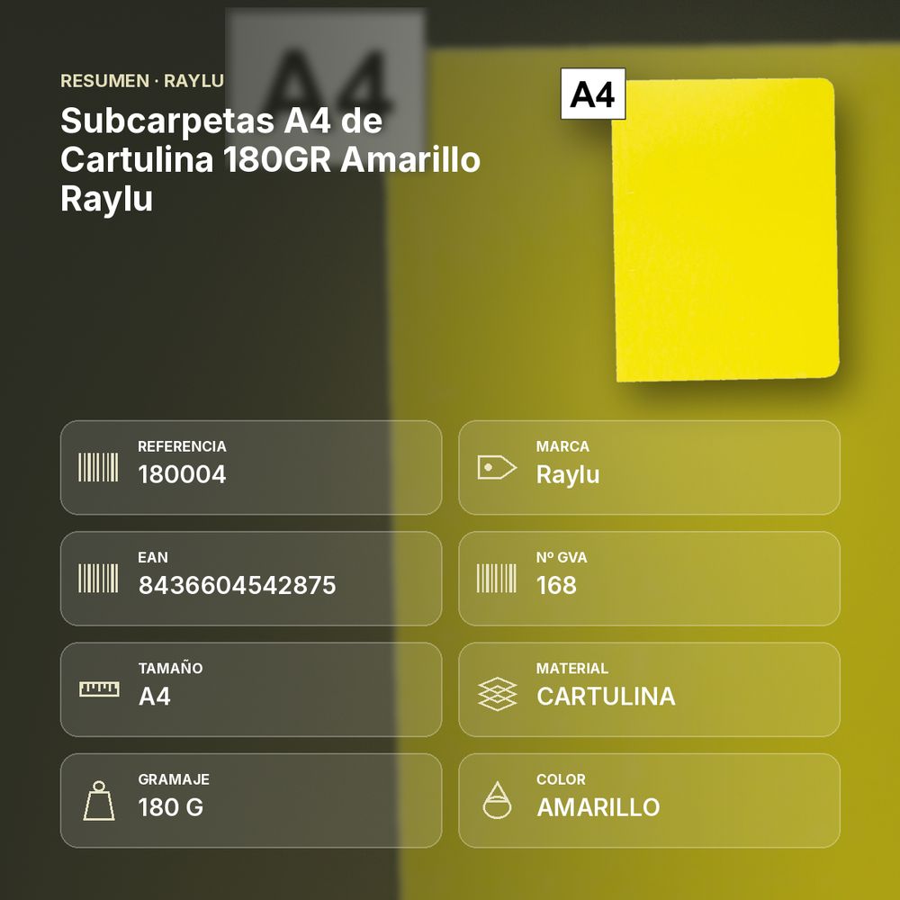 SUBCARPETAS A4 DE CARTULINA 180GR AMARILLO  RAYLU - resumen de atributos