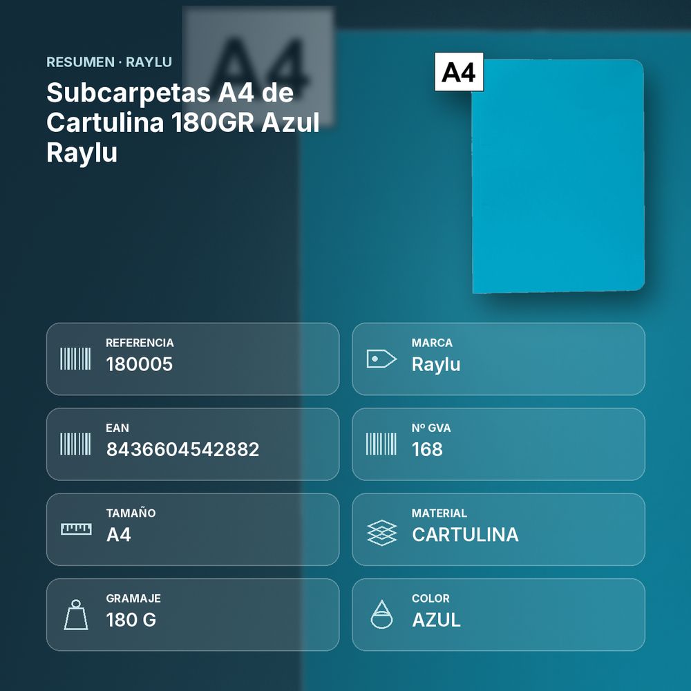 SUBCARPETAS A4 DE CARTULINA 180GR AZUL RAYLU - resumen de atributos