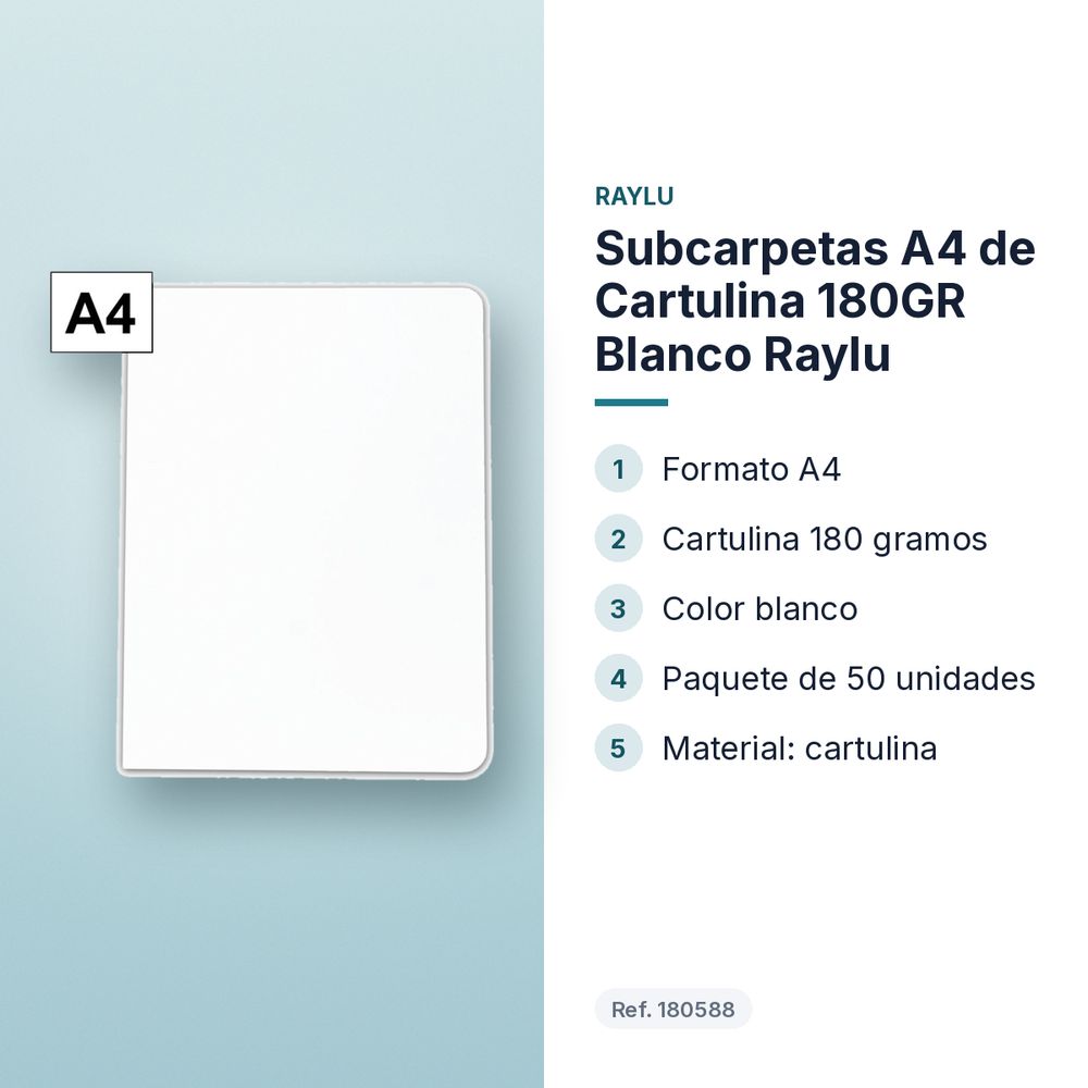 SUBCARPETAS A4 DE CARTULINA 180GR BLANCO RAYLU - características principales
