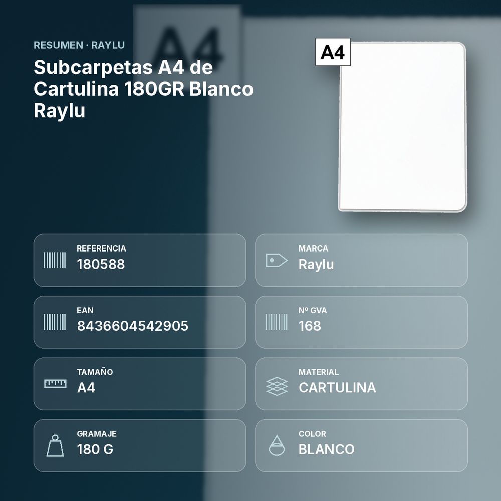 SUBCARPETAS A4 DE CARTULINA 180GR BLANCO RAYLU - resumen de atributos