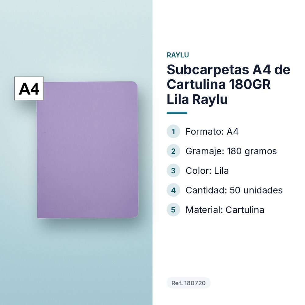 SUBCARPETAS A4 DE CARTULINA 180GR LILA RAYLU - características principales