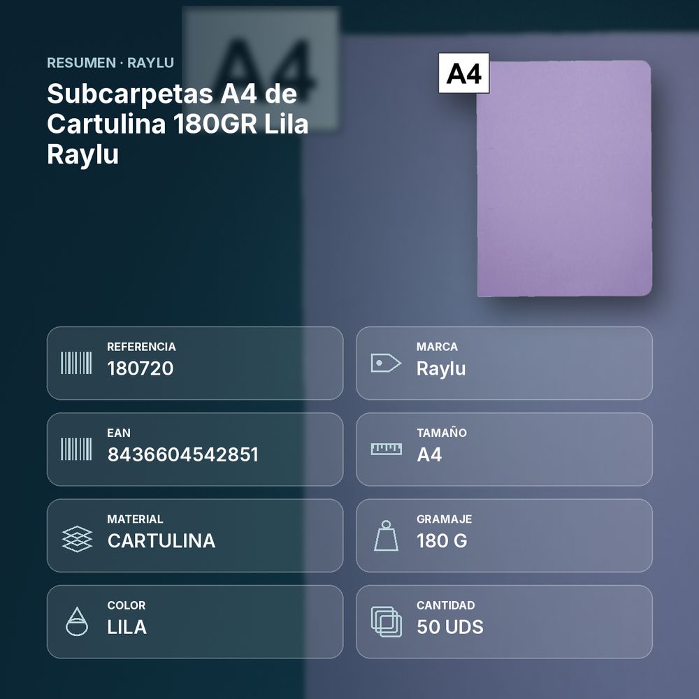 SUBCARPETAS A4 DE CARTULINA 180GR LILA RAYLU - resumen de atributos