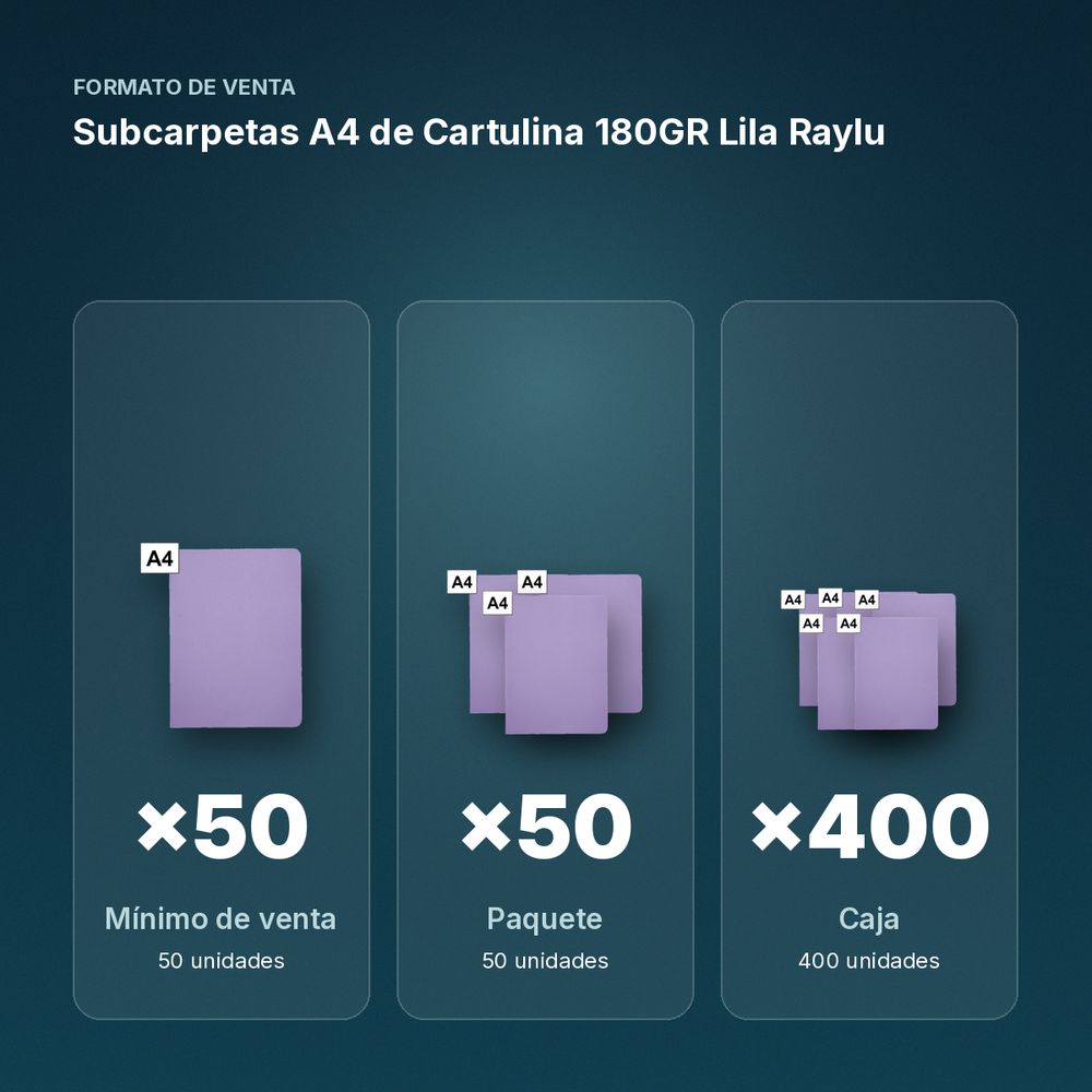 SUBCARPETAS A4 DE CARTULINA 180GR LILA RAYLU - formato de venta: paquete de 50, caja de 400