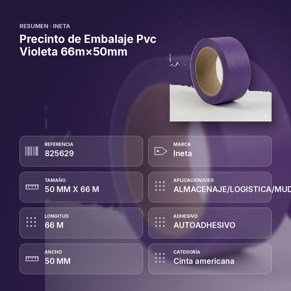 PRECINTO DE EMBALAJE PVC VIOLETA 66M×50MM - resumen de atributos