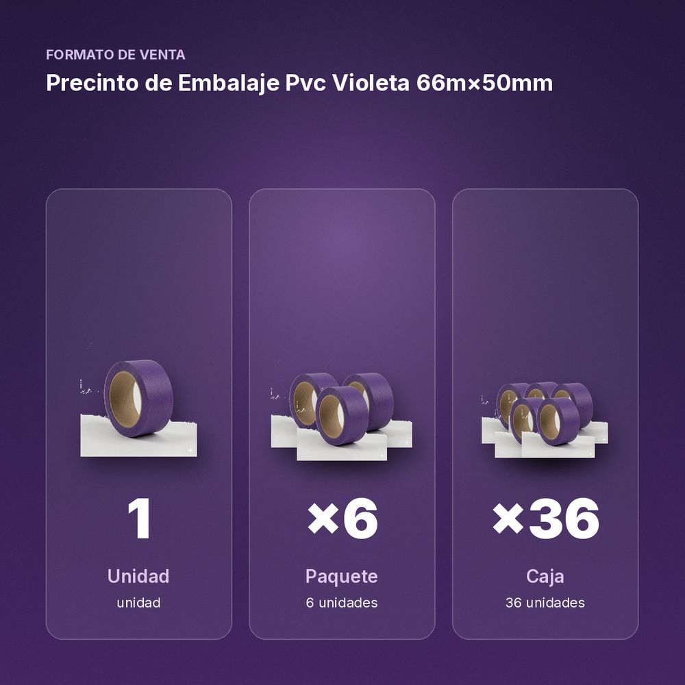PRECINTO DE EMBALAJE PVC VIOLETA 66M×50MM - formato de venta: paquete de 6, caja de 36