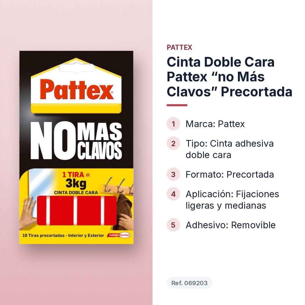 CINTA DOBLE CARA PATTEX “NO MÁS CLAVOS” PRECORTADA - características principales