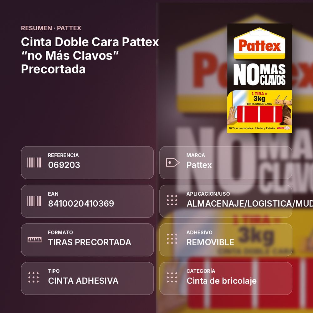 CINTA DOBLE CARA PATTEX “NO MÁS CLAVOS” PRECORTADA - resumen de atributos