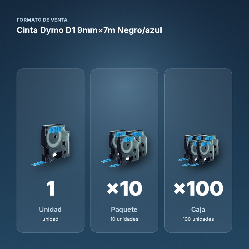 CINTA DYMO D1 9MM×7M NEGRO/AZUL - formato de venta: paquete de 10, caja de 100