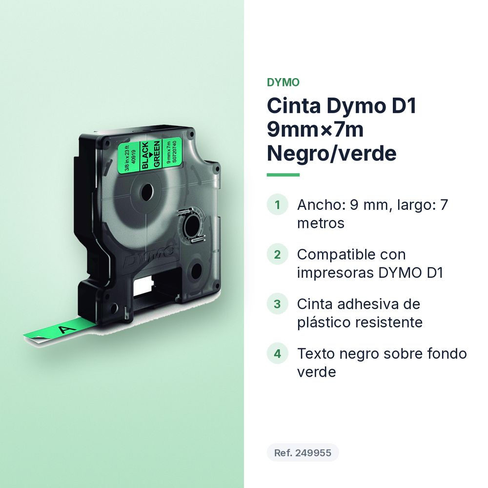 CINTA DYMO D1 9MM×7M NEGRO/VERDE - características principales