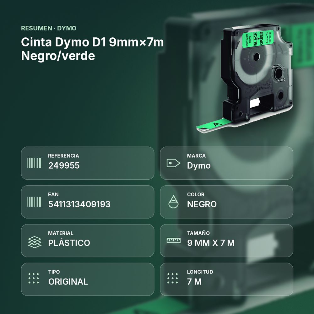 CINTA DYMO D1 9MM×7M NEGRO/VERDE - resumen de atributos