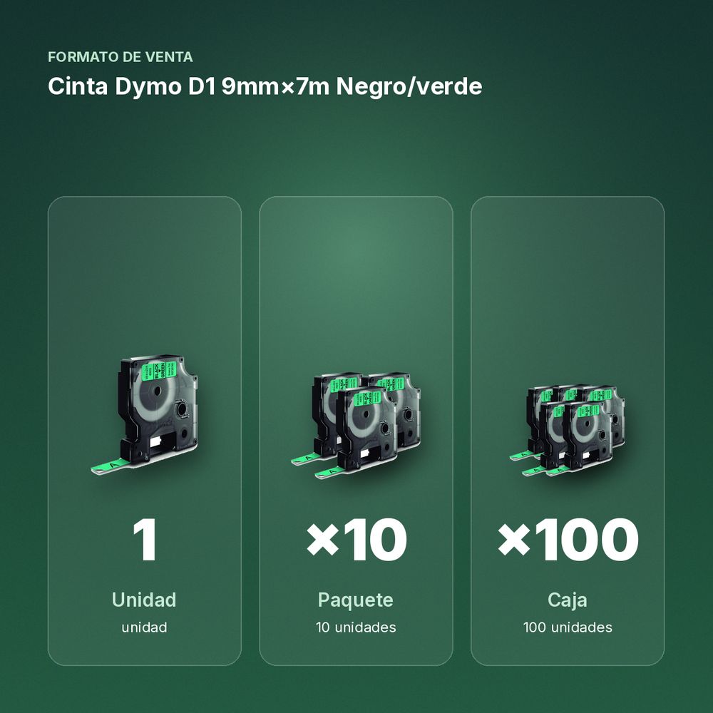 CINTA DYMO D1 9MM×7M NEGRO/VERDE - formato de venta: paquete de 10, caja de 100