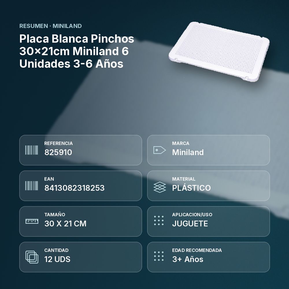 PLACA BLANCA PINCHOS 30×21CM MINILAND 6 UNIDADES 3-6 AÑOS - resumen de atributos