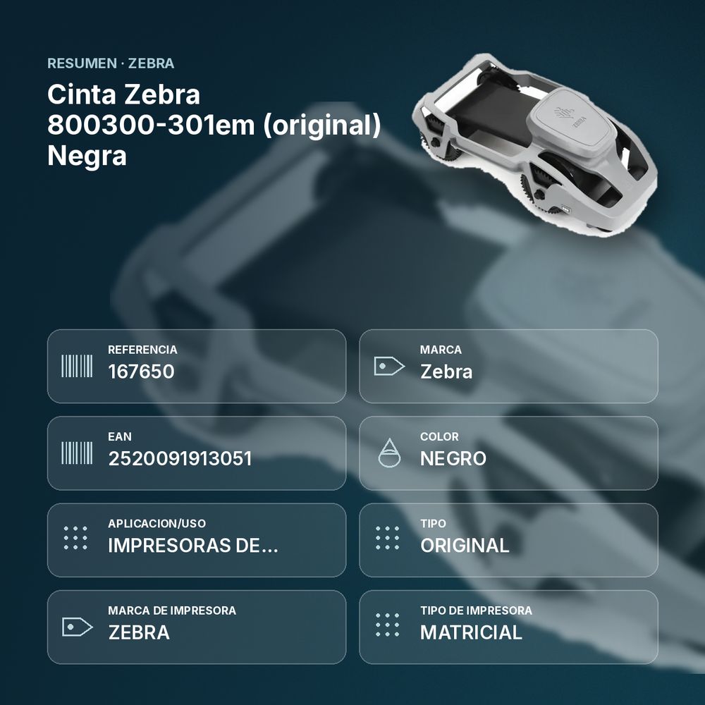 CINTA ZEBRA 800300-301EM (ORIGINAL) NEGRA  - resumen de atributos