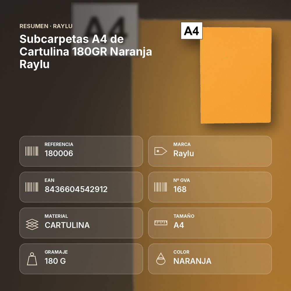 SUBCARPETAS A4 DE CARTULINA 180GR NARANJA RAYLU - resumen de atributos
