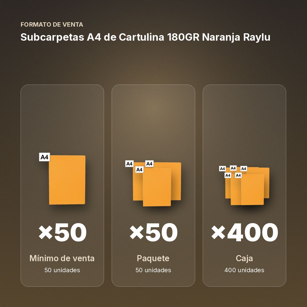 SUBCARPETAS A4 DE CARTULINA 180GR NARANJA RAYLU - formato de venta: paquete de 50, caja de 400