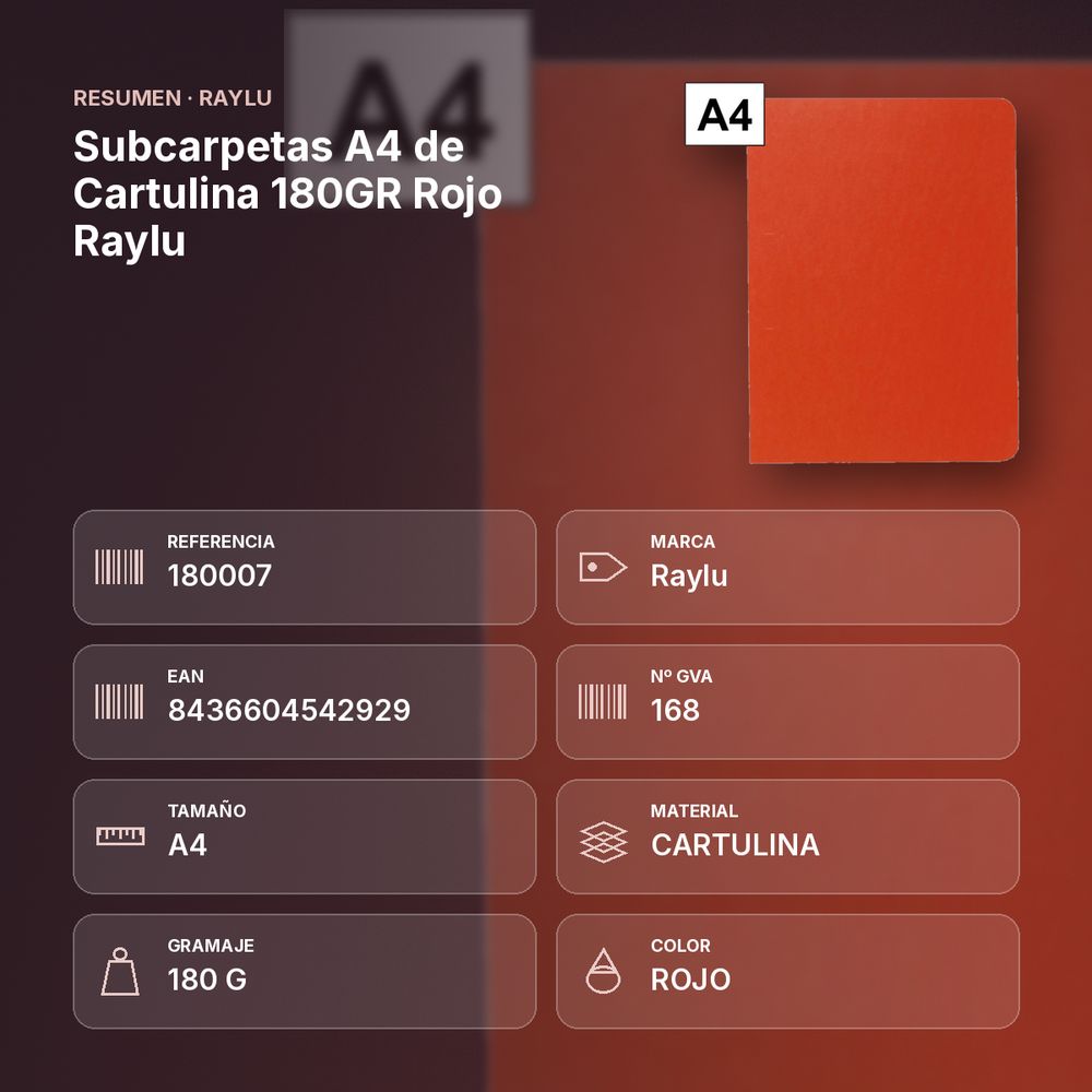 SUBCARPETAS A4 DE CARTULINA 180GR ROJO RAYLU - resumen de atributos