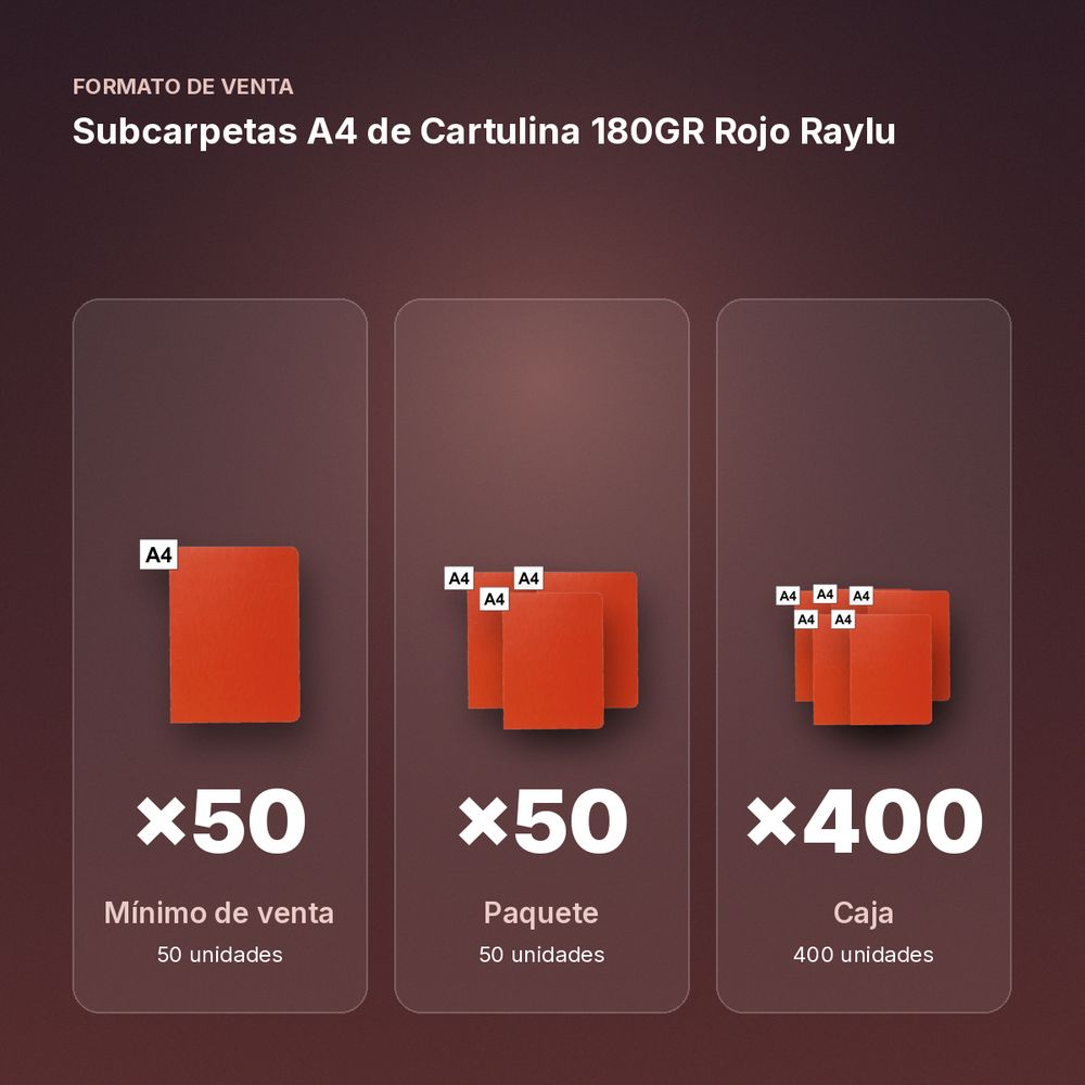 SUBCARPETAS A4 DE CARTULINA 180GR ROJO RAYLU - formato de venta: paquete de 50, caja de 400