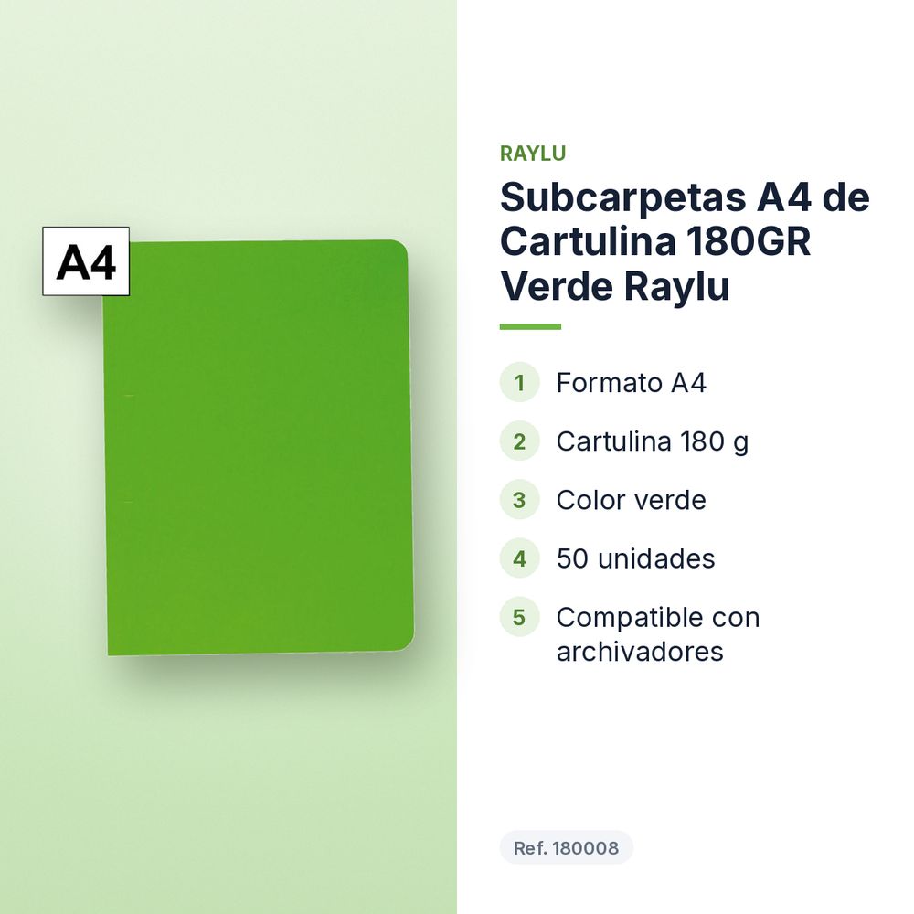 SUBCARPETAS A4 DE CARTULINA 180GR VERDE RAYLU - características principales