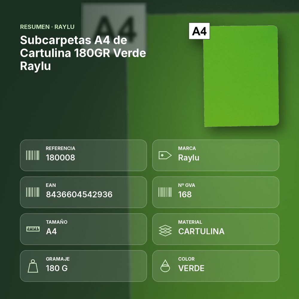 SUBCARPETAS A4 DE CARTULINA 180GR VERDE RAYLU - resumen de atributos