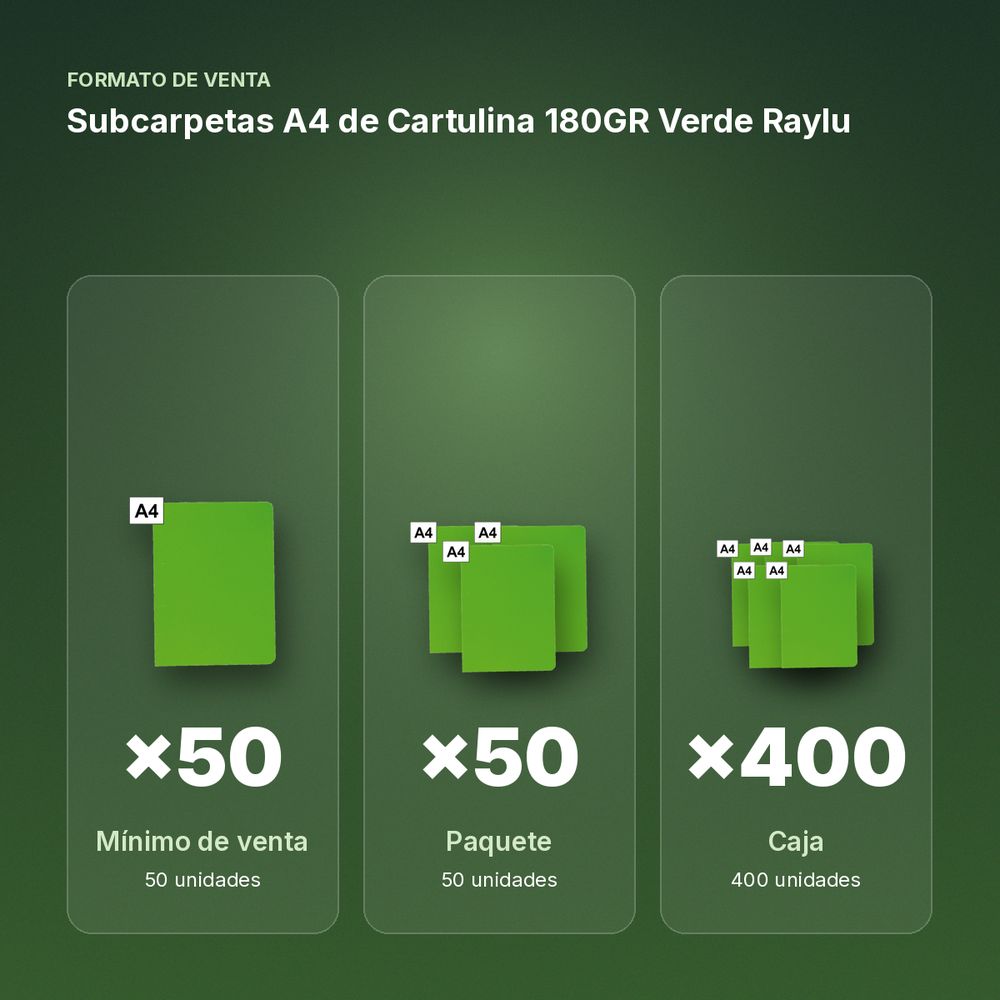 SUBCARPETAS A4 DE CARTULINA 180GR VERDE RAYLU - formato de venta: paquete de 50, caja de 400