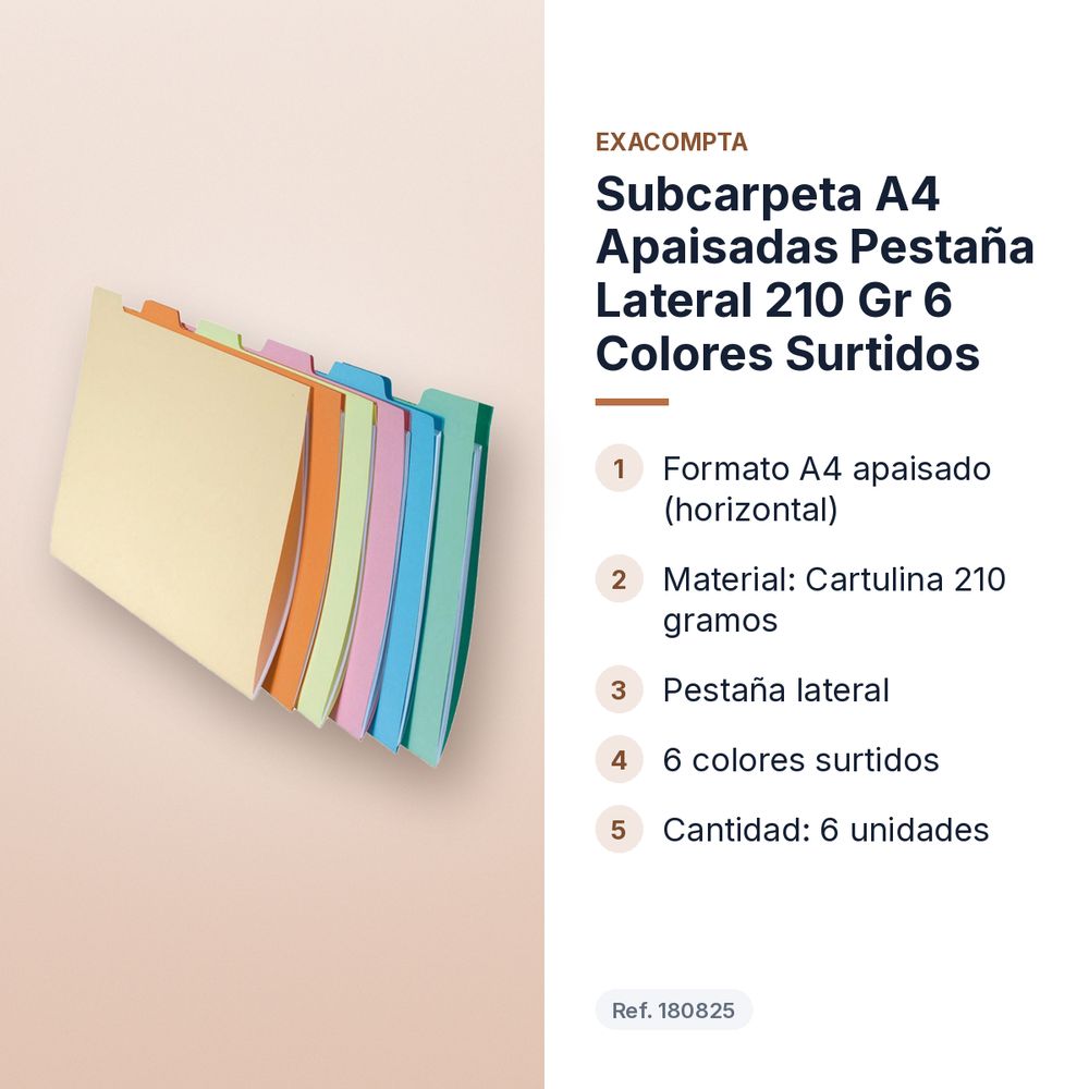 SUBCARPETA A4 APAISADAS PESTAÑA LATERAL 210 GR 6 COLORES SURTIDOS - características principales