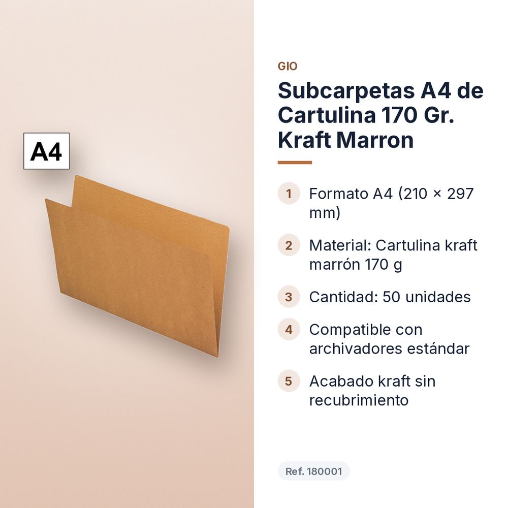 SUBCARPETAS A4 DE CARTULINA 170 GR. KRAFT MARRON  - características principales