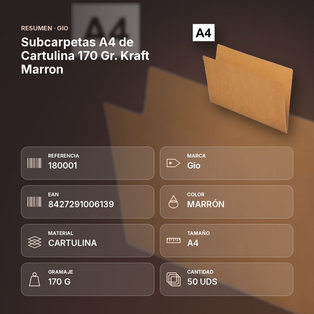 SUBCARPETAS A4 DE CARTULINA 170 GR. KRAFT MARRON  - resumen de atributos