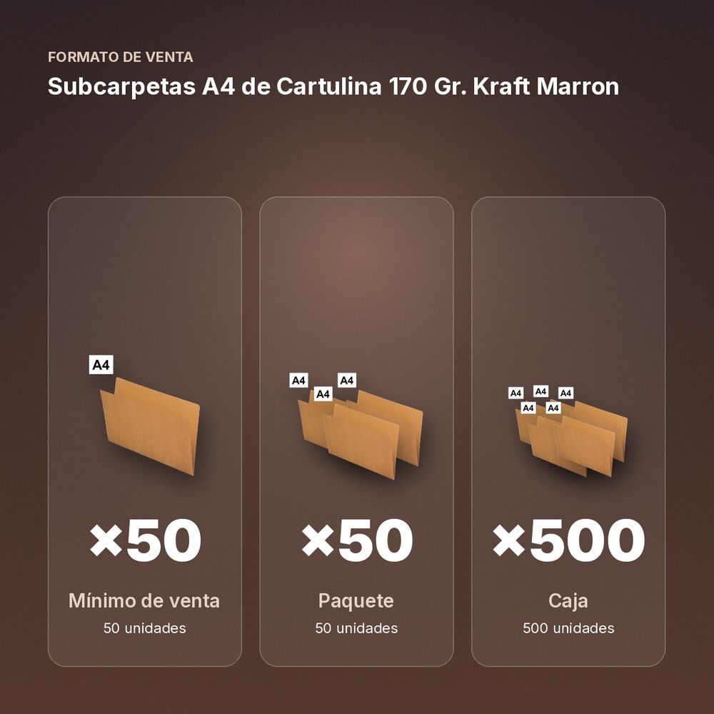 SUBCARPETAS A4 DE CARTULINA 170 GR. KRAFT MARRON  - formato de venta: paquete de 50, caja de 500