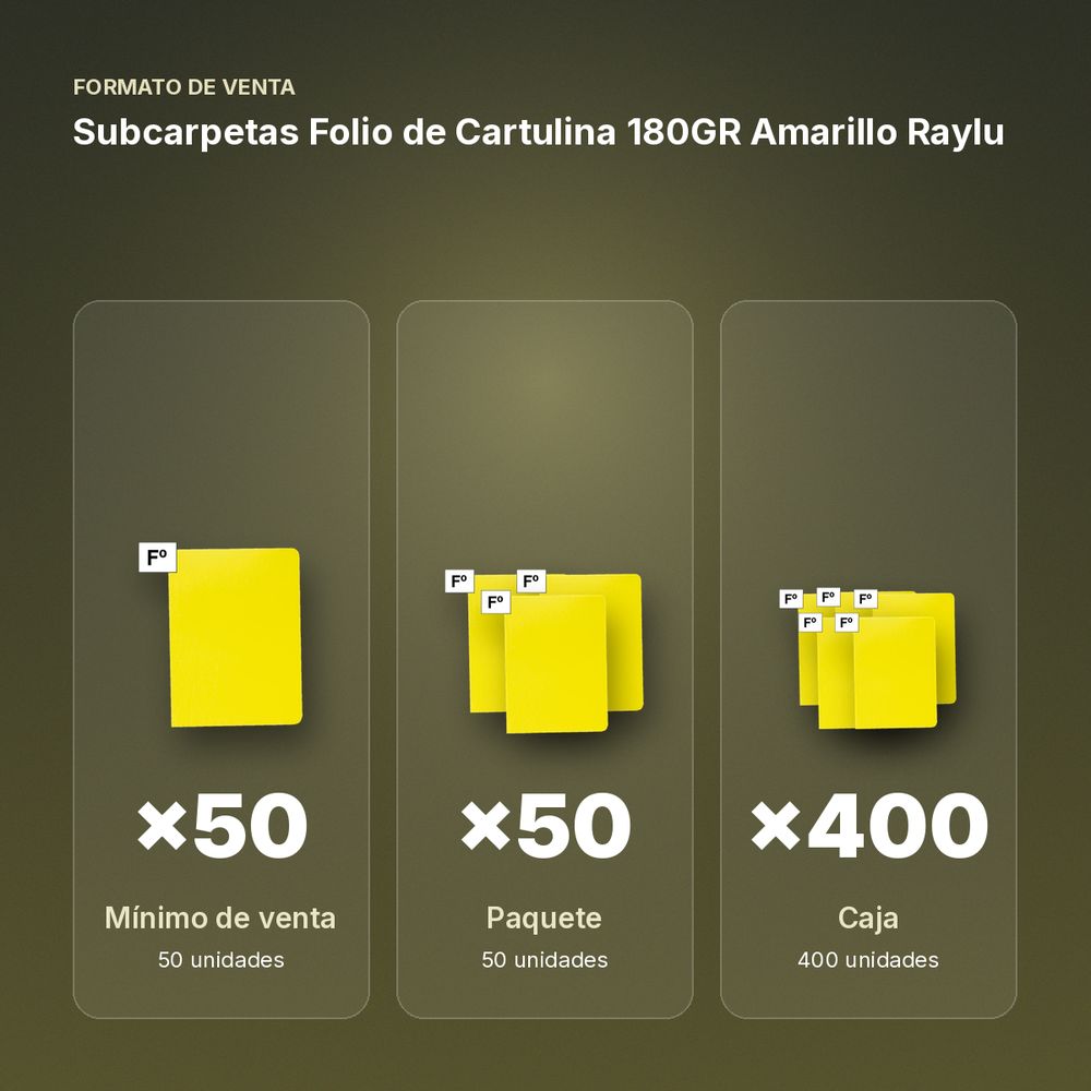 SUBCARPETAS FOLIO DE CARTULINA 180GR AMARILLO RAYLU - formato de venta: paquete de 50, caja de 400