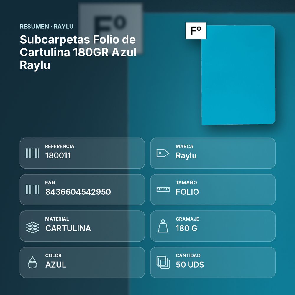 SUBCARPETAS FOLIO DE CARTULINA 180GR AZUL RAYLU - resumen de atributos