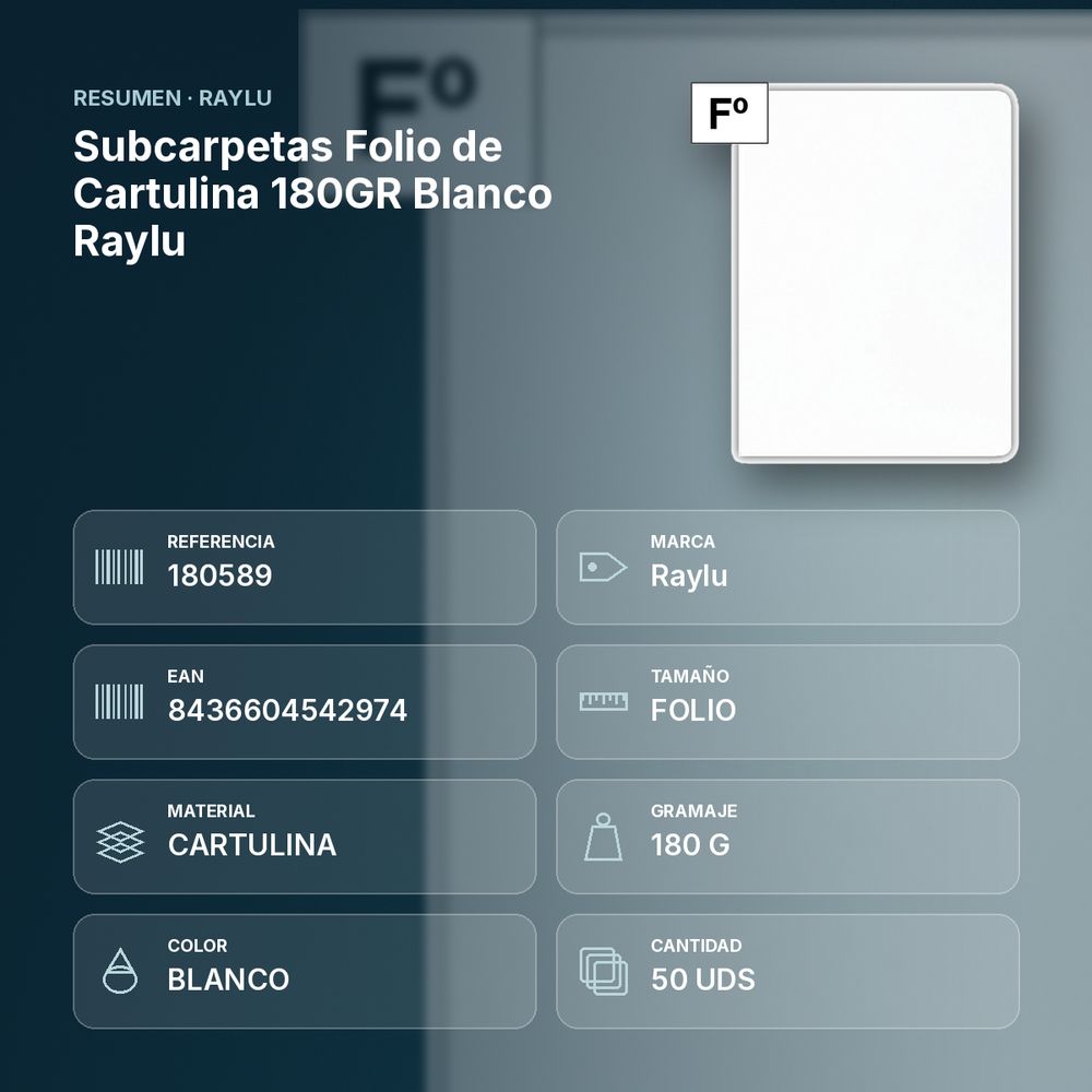 SUBCARPETAS FOLIO DE CARTULINA 180GR BLANCO RAYLU  - resumen de atributos