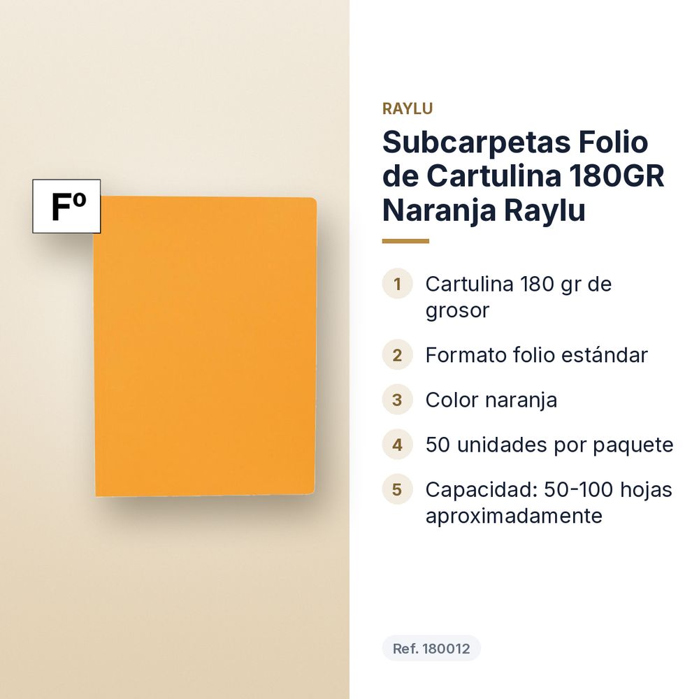 SUBCARPETAS FOLIO DE CARTULINA 180GR NARANJA RAYLU - características principales