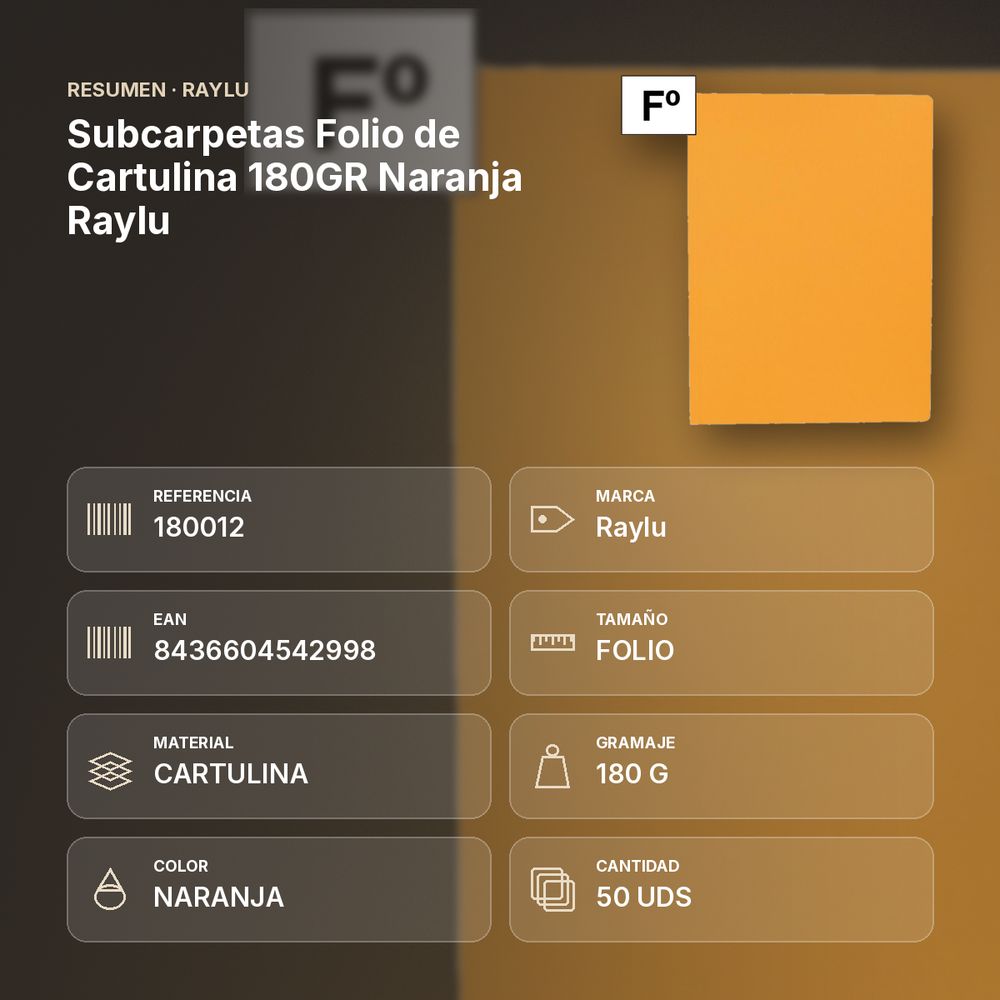 SUBCARPETAS FOLIO DE CARTULINA 180GR NARANJA RAYLU - resumen de atributos