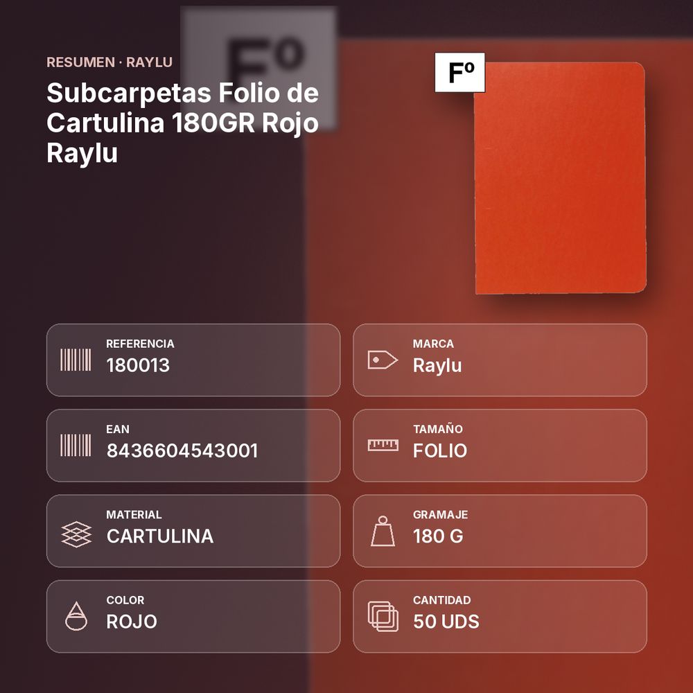 SUBCARPETAS FOLIO DE CARTULINA 180GR ROJO RAYLU - resumen de atributos