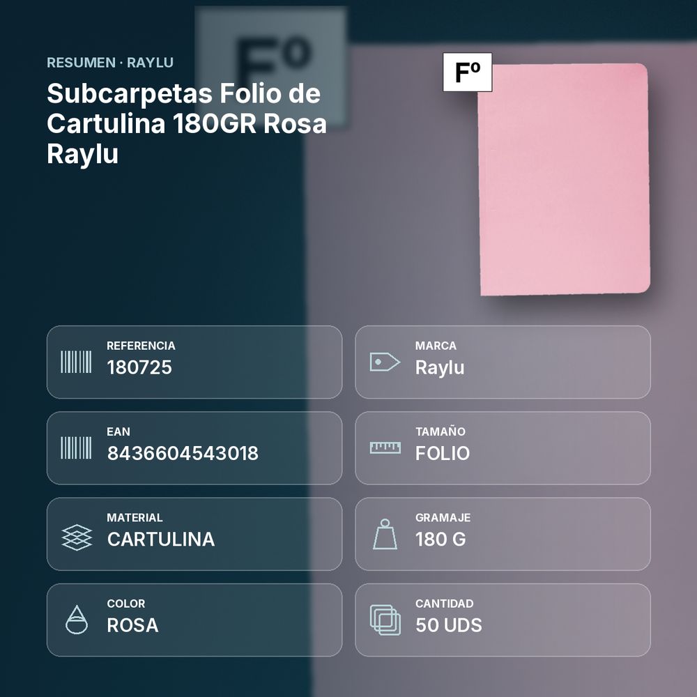 SUBCARPETAS FOLIO DE CARTULINA 180GR ROSA RAYLU - resumen de atributos