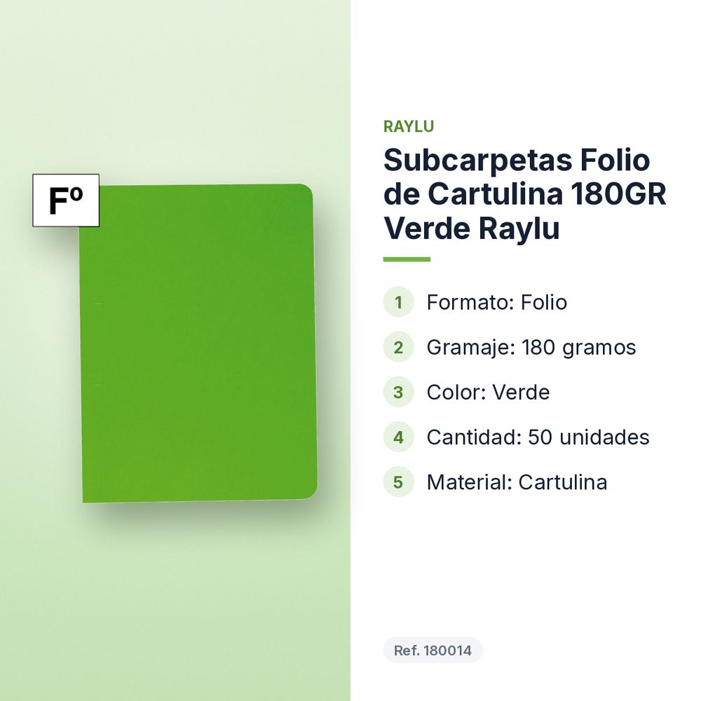 SUBCARPETAS FOLIO DE CARTULINA 180GR VERDE RAYLU - características principales