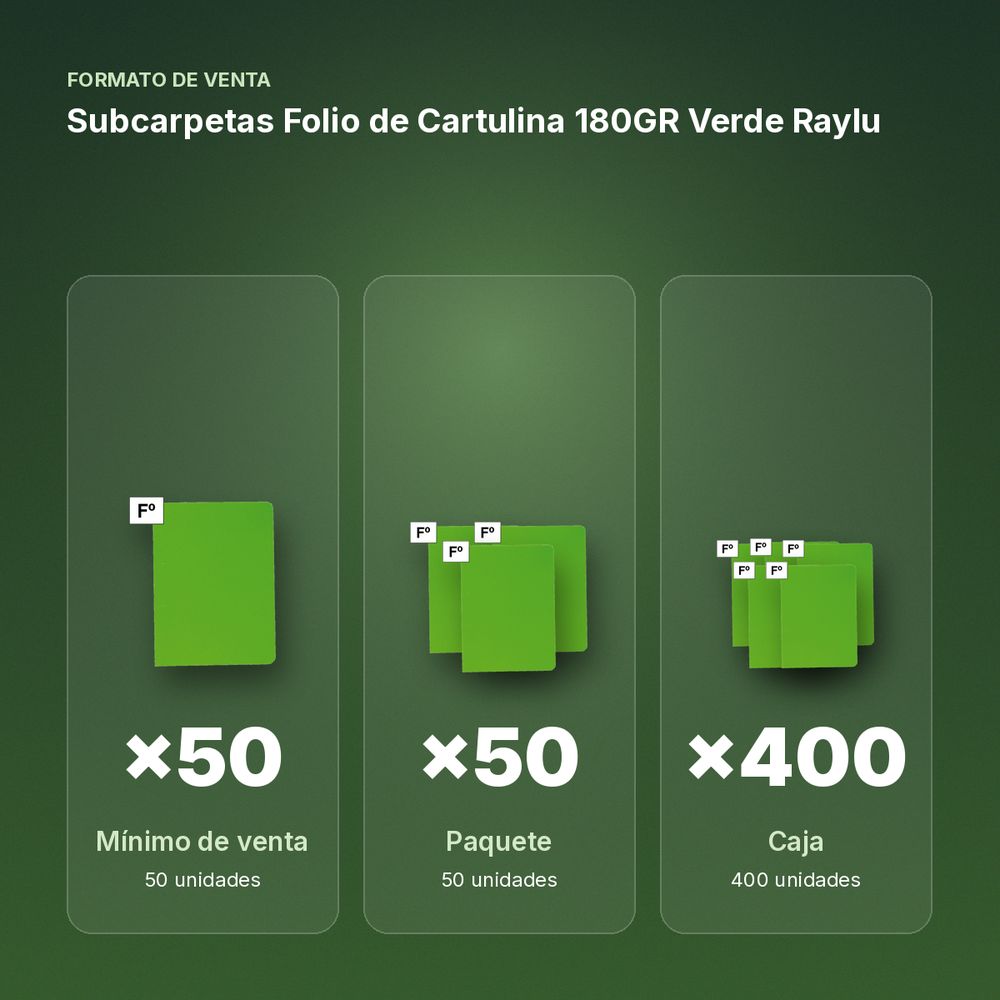 SUBCARPETAS FOLIO DE CARTULINA 180GR VERDE RAYLU - formato de venta: paquete de 50, caja de 400