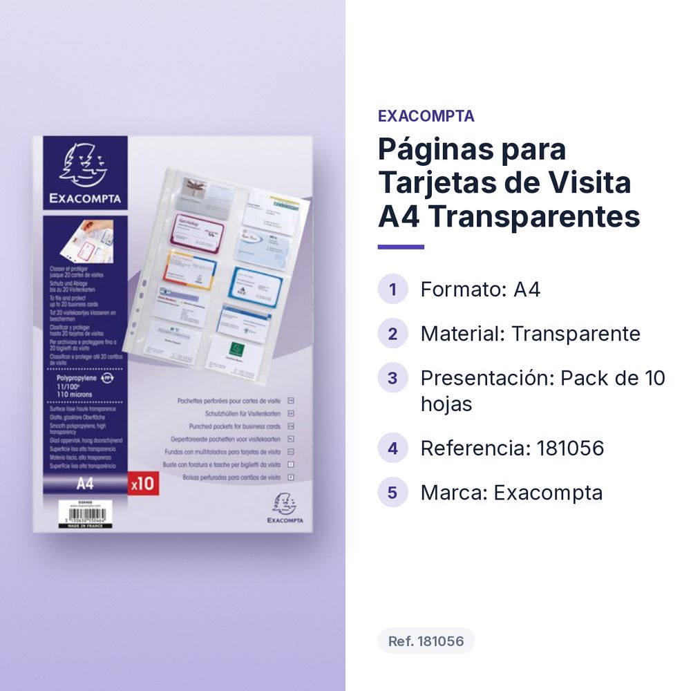 PÁGINAS PARA TARJETAS DE VISITA A4 TRANSPARENTES - características principales