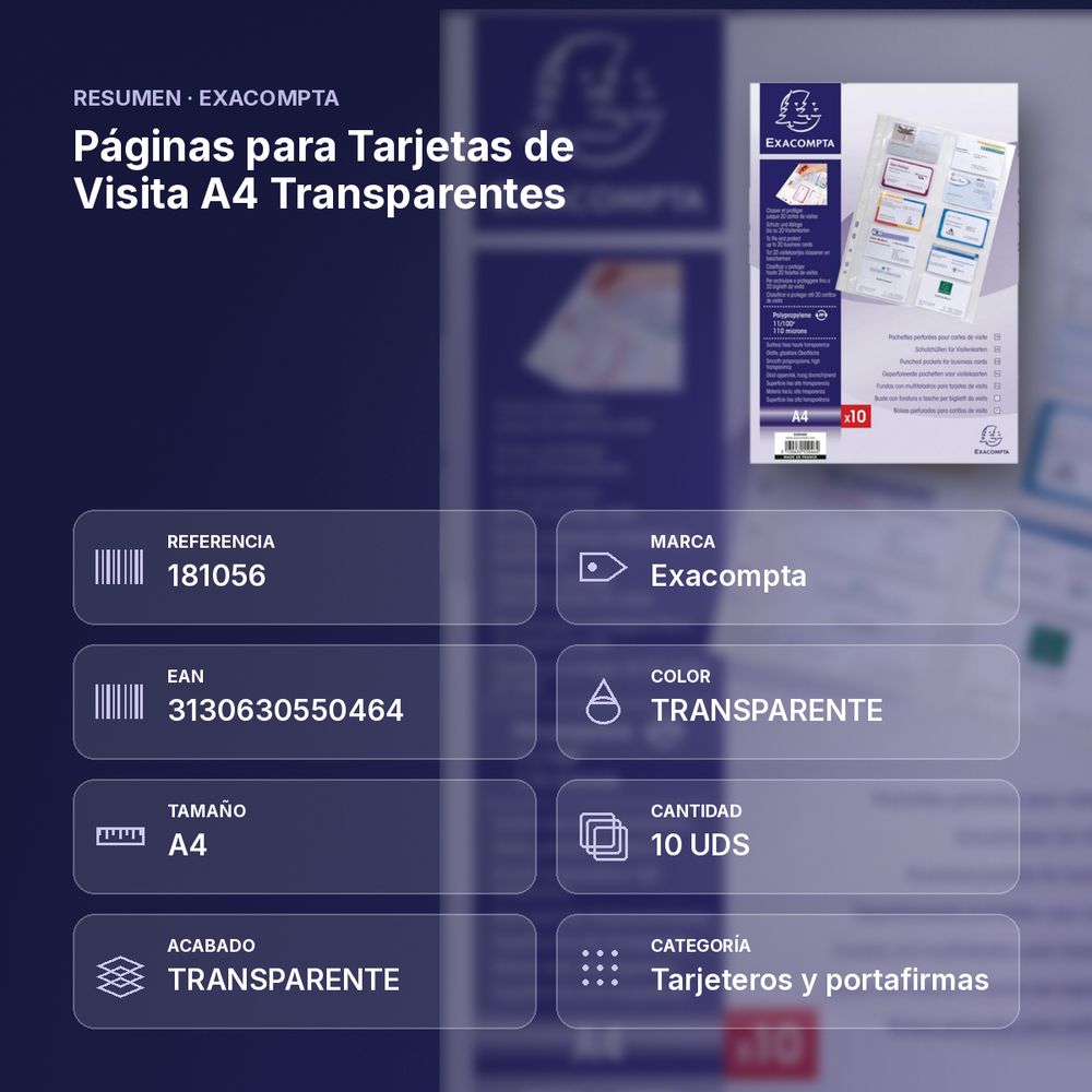 PÁGINAS PARA TARJETAS DE VISITA A4 TRANSPARENTES - resumen de atributos