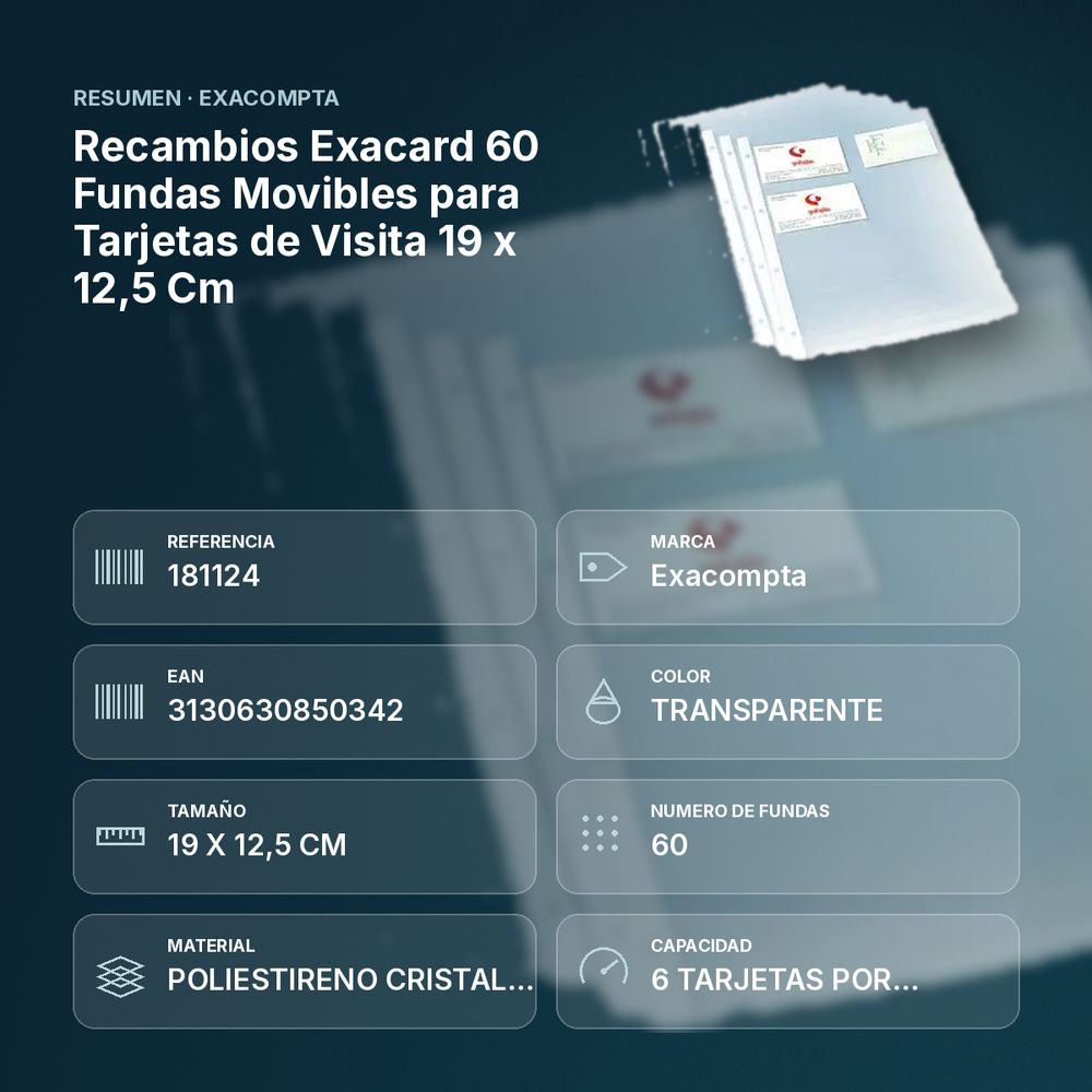RECAMBIOS EXACARD 60 FUNDAS MOVIBLES PARA TARJETAS DE VISITA 19 X 12,5 CM - resumen de atributos