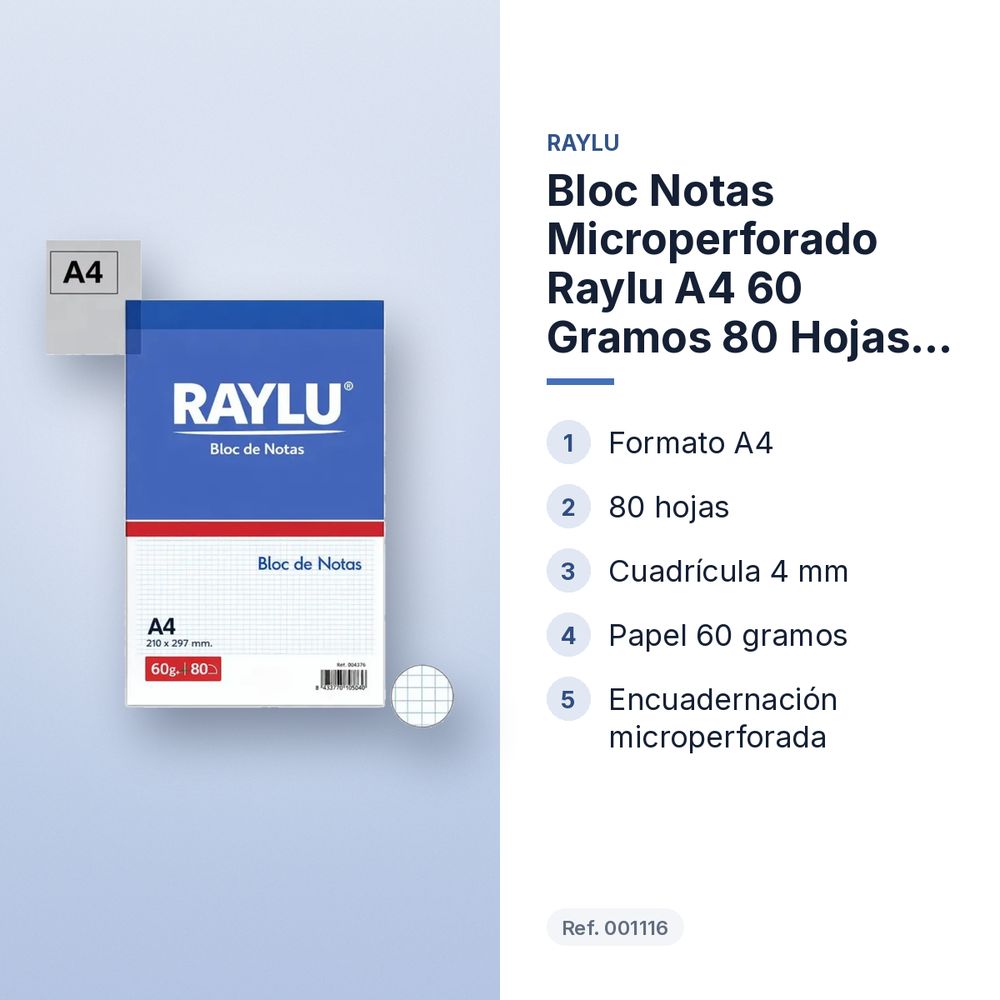 BLOC NOTAS MICROPERFORADO RAYLU A4 60 GRAMOS 80 HOJAS CUADRICULA 4 MM - características principales