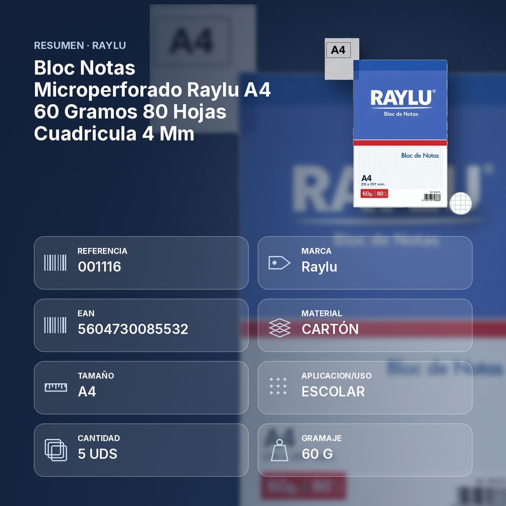BLOC NOTAS MICROPERFORADO RAYLU A4 60 GRAMOS 80 HOJAS CUADRICULA 4 MM - resumen de atributos