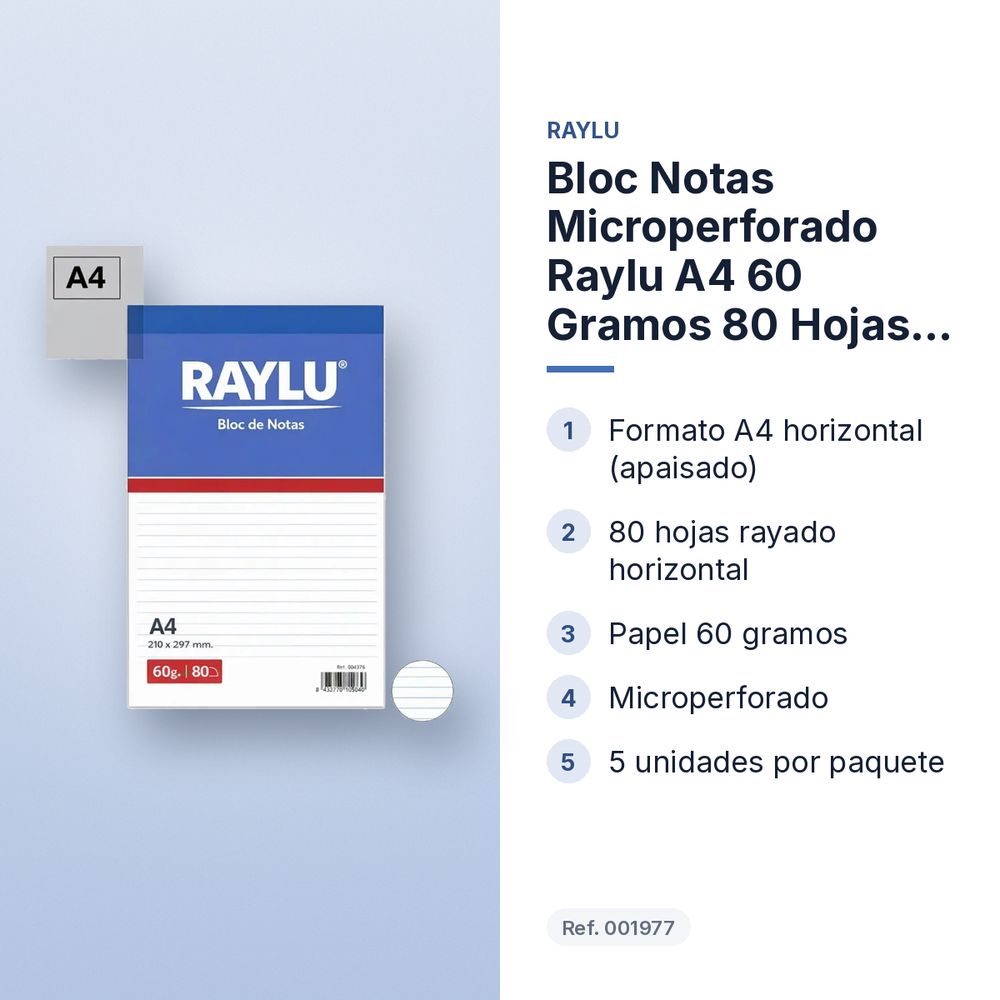 BLOC NOTAS MICROPERFORADO RAYLU A4 60 GRAMOS 80 HOJAS HORIZONTAL  - características principales