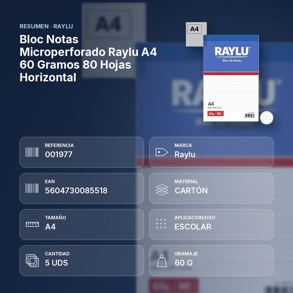 BLOC NOTAS MICROPERFORADO RAYLU A4 60 GRAMOS 80 HOJAS HORIZONTAL  - resumen de atributos
