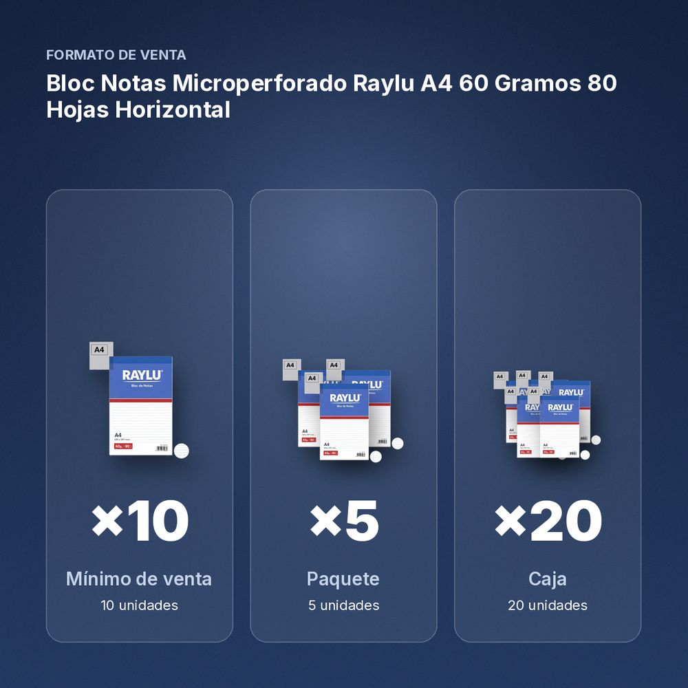 BLOC NOTAS MICROPERFORADO RAYLU A4 60 GRAMOS 80 HOJAS HORIZONTAL  - formato de venta: paquete de 5, caja de 20