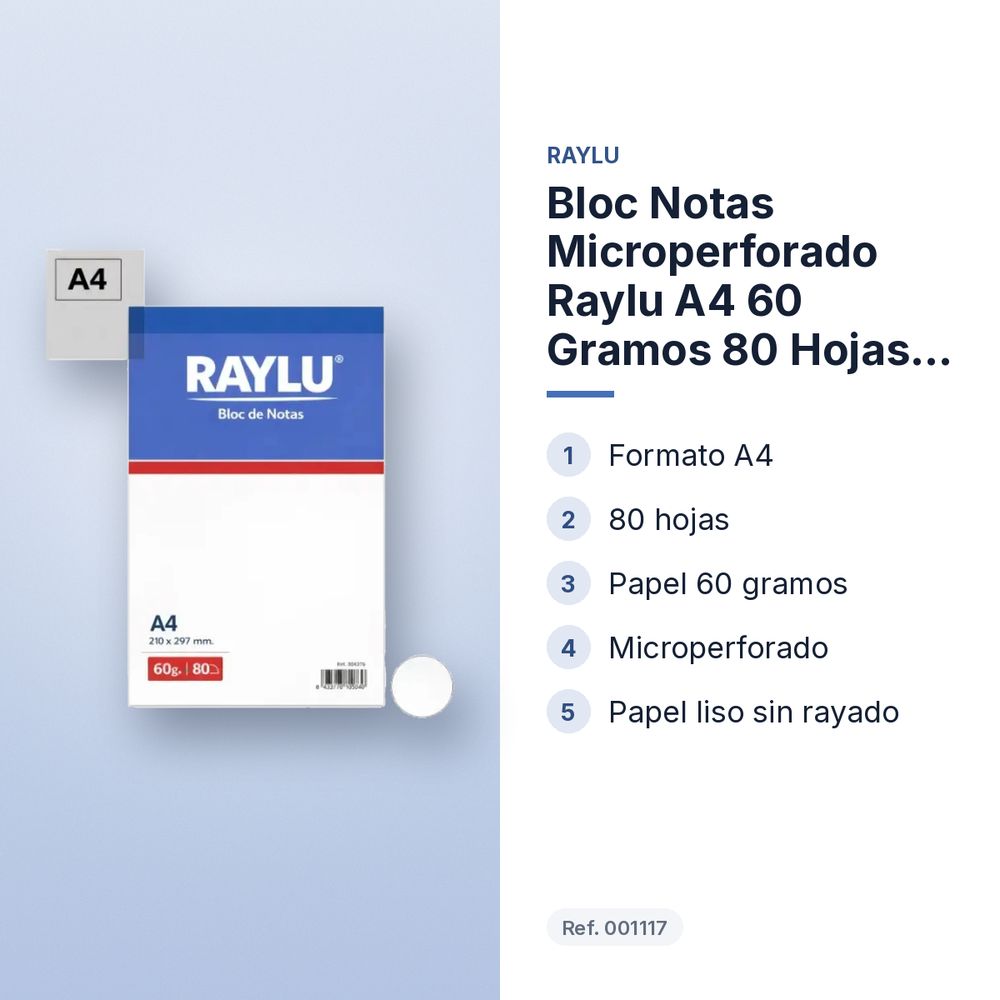 BLOC NOTAS MICROPERFORADO RAYLU A4 60 GRAMOS 80 HOJAS LISO - características principales