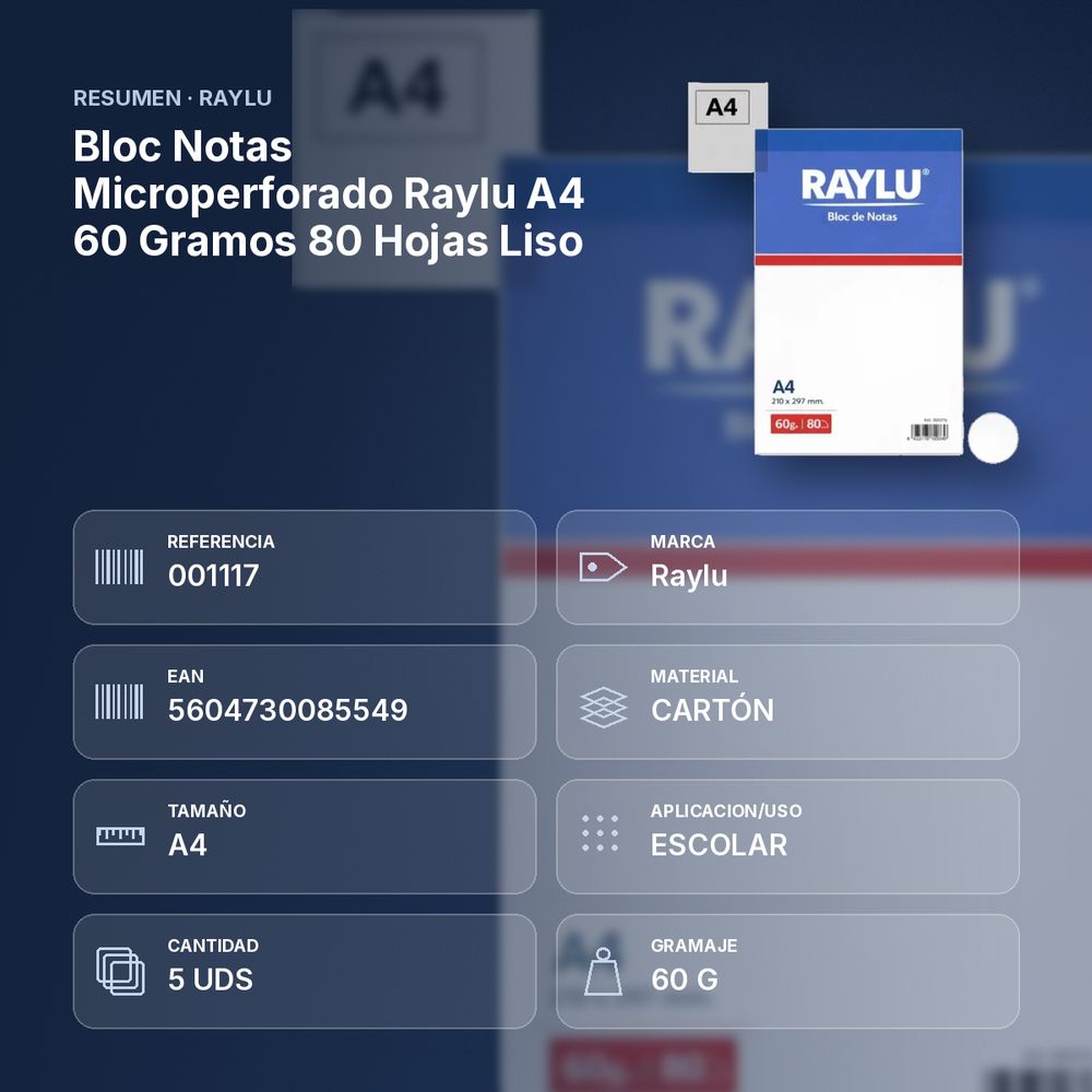 BLOC NOTAS MICROPERFORADO RAYLU A4 60 GRAMOS 80 HOJAS LISO - resumen de atributos