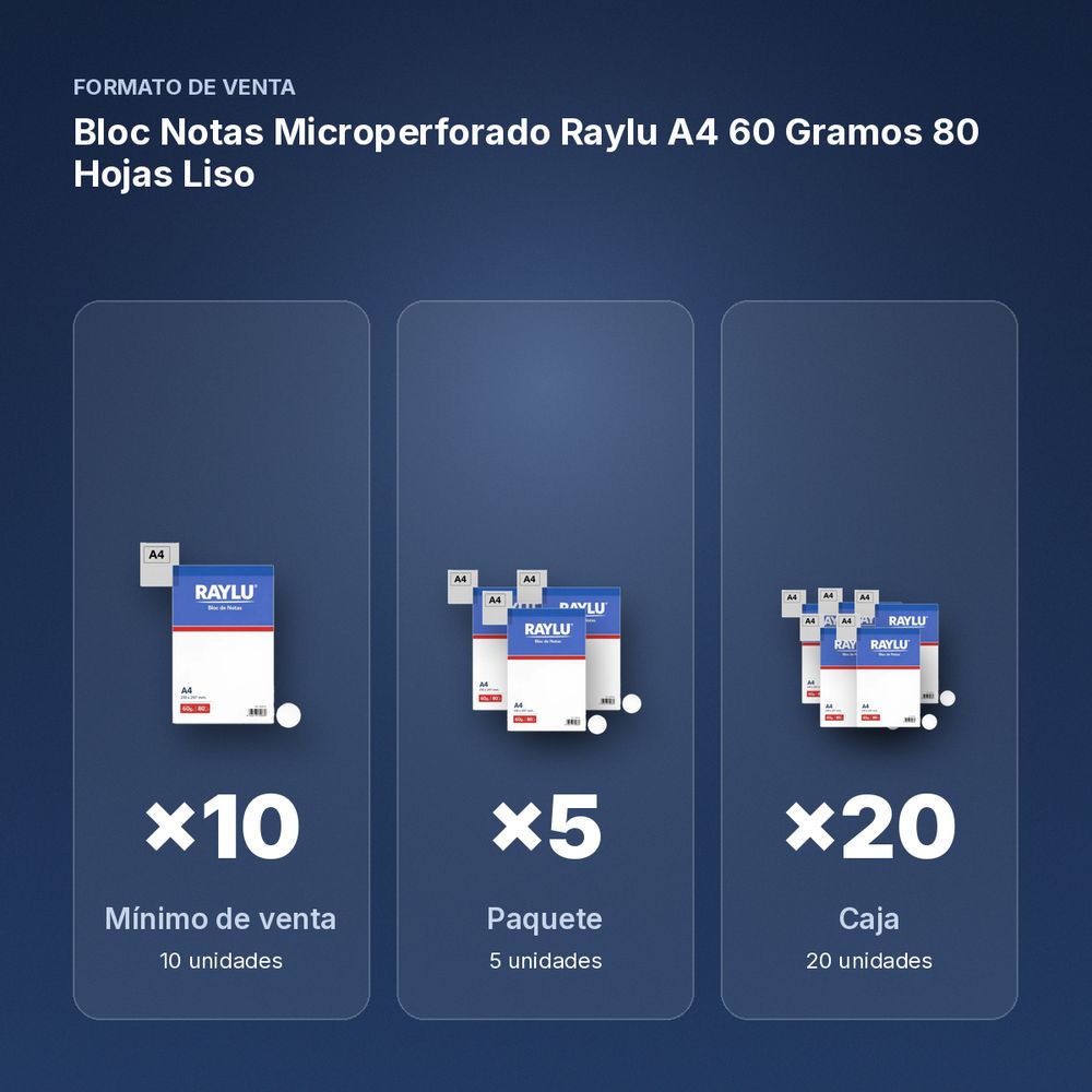 BLOC NOTAS MICROPERFORADO RAYLU A4 60 GRAMOS 80 HOJAS LISO - formato de venta: paquete de 5, caja de 20