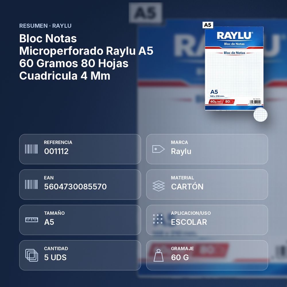 BLOC NOTAS MICROPERFORADO RAYLU A5 60 GRAMOS 80 HOJAS CUADRICULA 4 MM - resumen de atributos