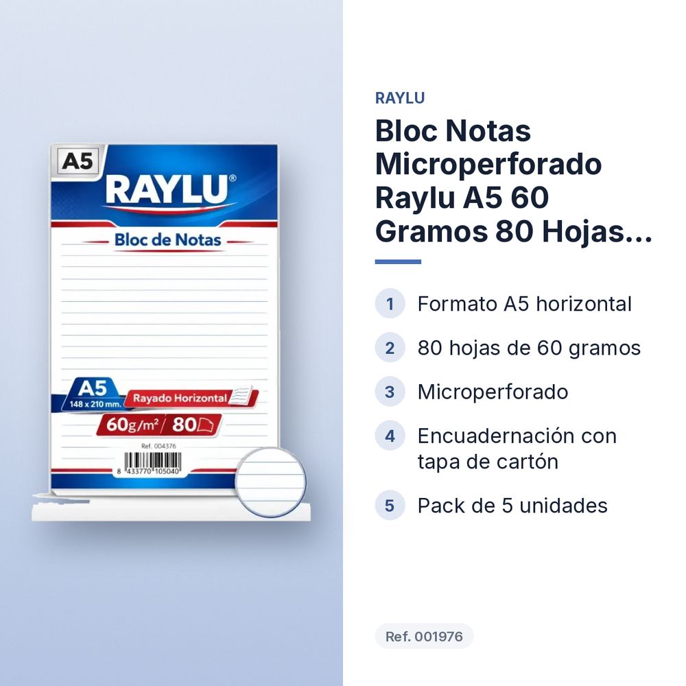 BLOC NOTAS MICROPERFORADO RAYLU A5 60 GRAMOS 80 HOJAS HORIZONTAL - características principales